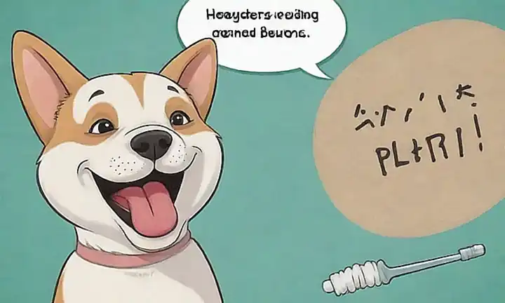 Una foto de un perro sonriente con instrucciones para eliminar la placa dental