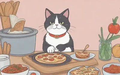Ilustración felina elegante con fondo amigable que explica comida para gatos y cómo elegir la mejor para sus mascotas