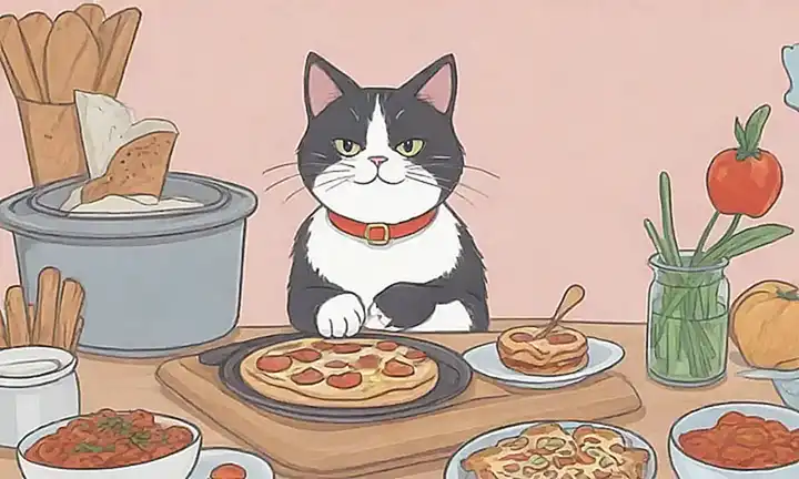 Ilustración felina elegante con fondo amigable que explica comida para gatos y cómo elegir la mejor para sus mascotas