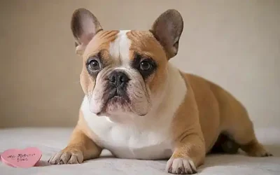 Foto estética de bulldog con texto que presenta las ventajas de la raza francesa Bulldog