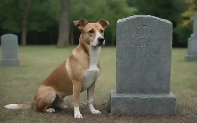 Un perro cariñoso está a lado de un monumento