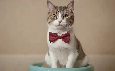 Un gato adorable en el baño con un corbata y una expresión divertida.