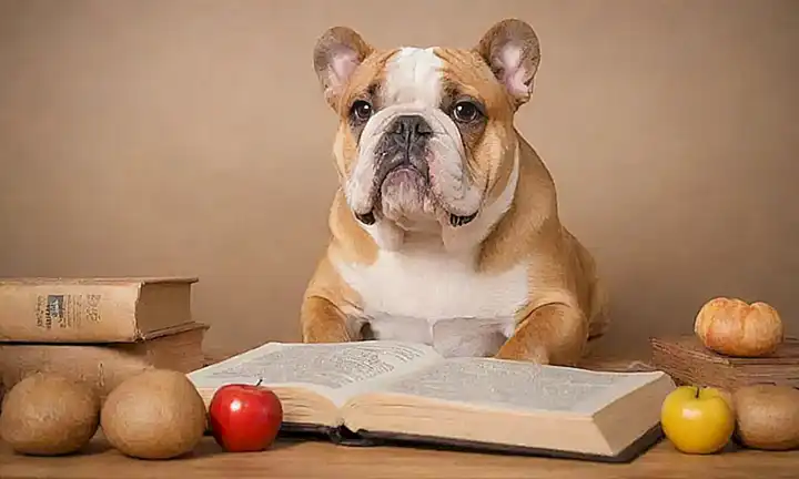 Un bulldog dorado con comida, libro y manos cariñosas