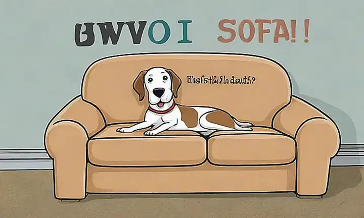Una ilustración estilizada de un perro en el sofá con texto en negrita