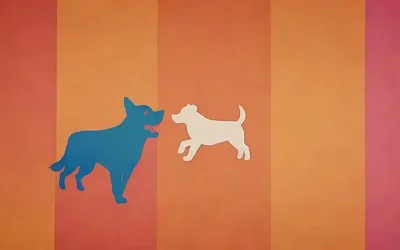 Un perro feliz jugando en un fondo colorido con iconos informativos