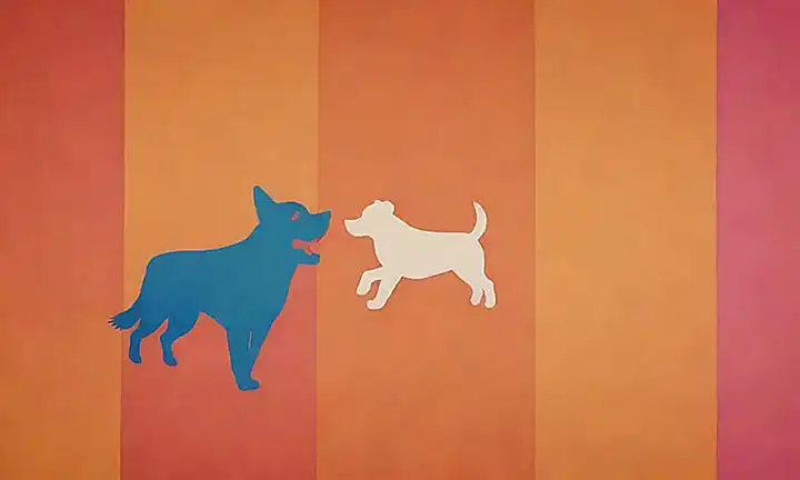 Un perro feliz jugando en un fondo colorido con iconos informativos