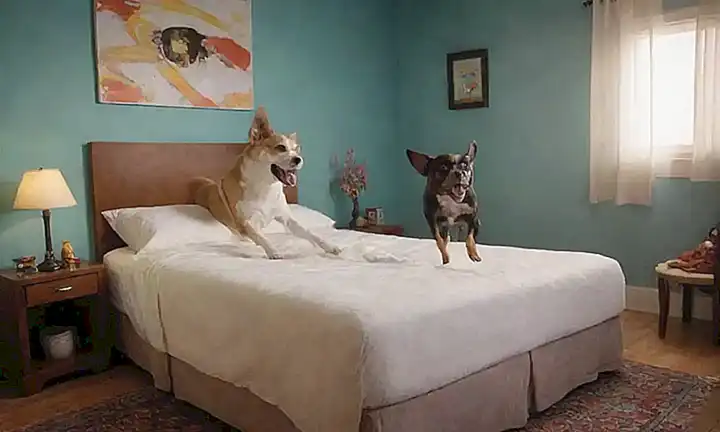 Se trata de un dibujo alegre del perro que salta en la cama