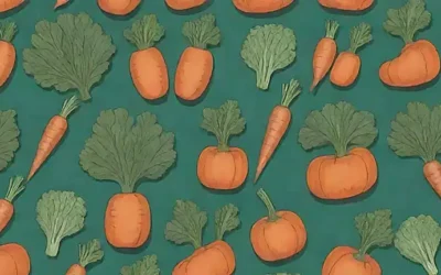 Un fondo verde y dibujos de verduras como zanahorias