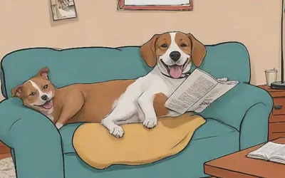 El perro feliz sonríe mientras la mujer lee en el sofá