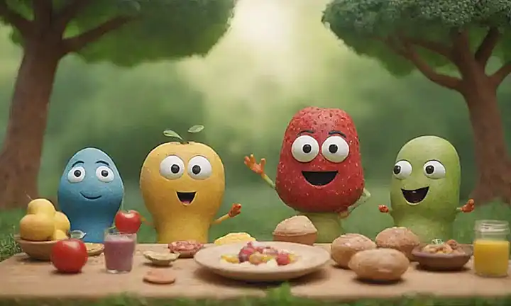 Personajes animados se divierten con comida casera