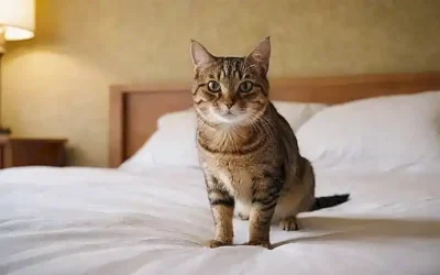 **¿Señala gatos divertidos orinando en la cama? ¿Solución a los problemas?** (This translates to:  A funny cat peeing on the bed? A solution for solving problems?) Alternatively