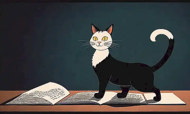 Un gato majestuoso camina al borde de una página con diez habilidades brillantes