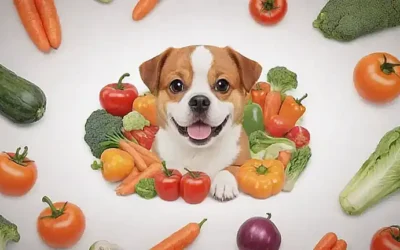 Illustrationes de perros adorables con verduras que muestran la dosis y los beneficios en pantalla