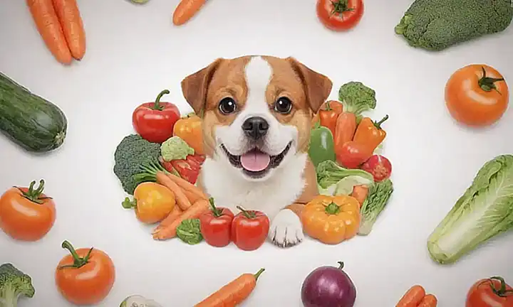 Illustrationes de perros adorables con verduras que muestran la dosis y los beneficios en pantalla