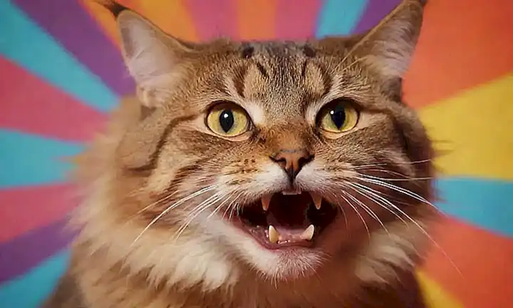 Gráfico felino vibrante con vídeos de ataques en un fondo colorido