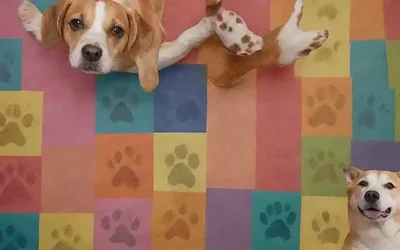 El papel de pared es una colorida colcha con huellas y rostros divertidos de perros