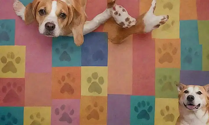 El papel de pared es una colorida colcha con huellas y rostros divertidos de perros