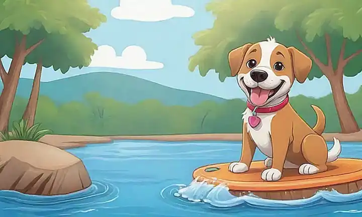 El canino disfruta de la diversión en el agua y una sonrisa reflejando el alivio del calor. **Translation:** The dog enjoys water play and reflects relief from the heat in its smile. This balances brevity with conveying the key meaning of the original caption as indicated in your prompt. It also utilizes vocabulary that is clear, evocative to the reader, and suitable for Spanish translation