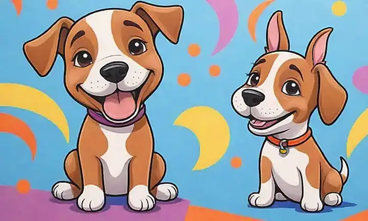 Imágenes vibrantes con ilustraciones de cachorros alegres y gente feliz. **Translation:** Vibrant colors