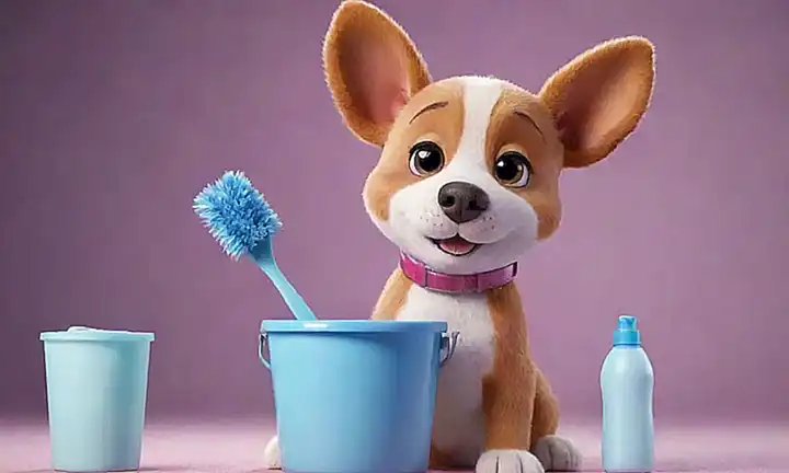 Un perro de dibujos con pelaje brillante, sosteniendo unaCepeda en forma de pata y un bano lleno de agua y purgas