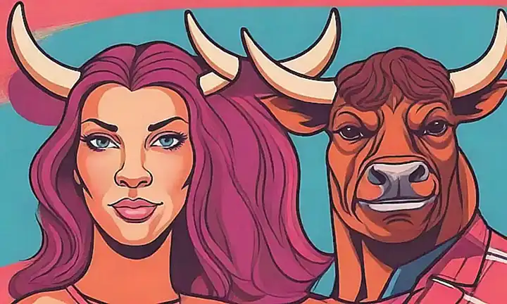 Un póster con dos figuras contrastantes ilustradas de un toro masculino y una hembra