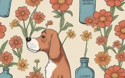 Las botellas de medicina vintage elevan un retrato del perro que olía flores. (The vintage  medicine bottles elevate a portrait of a dog that is smelling flowers.) Please let me know if you would like any other translations!
