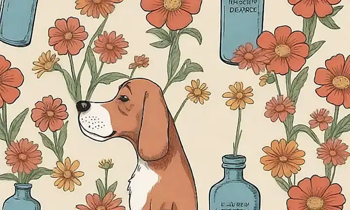 Las botellas de medicina vintage elevan un retrato del perro que olía flores. (The vintage medicine bottles elevate a portrait of a dog that is smelling flowers.) Please let me know if you would like any other translations!