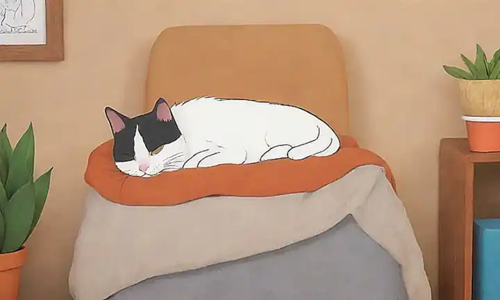 Un espacio cálido y acogedor con un gato durmiendo en la hombro