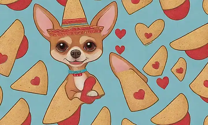 Un chihuahuas wallpaper con un fondo rojo tiene a un chihuahua con sombrero y una tortilla de corazón