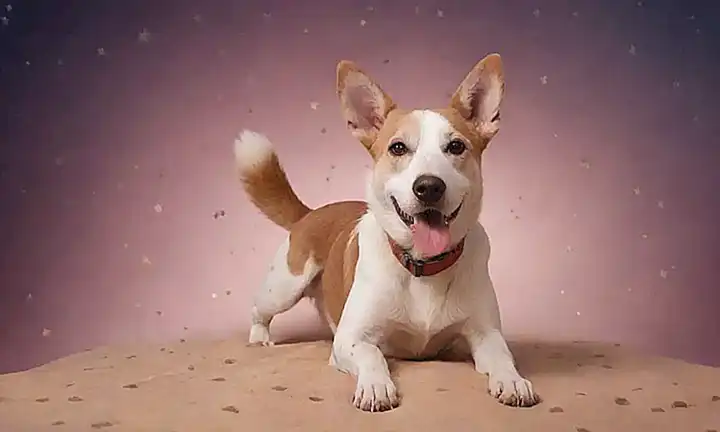 Un perro feliz con huellas de patas y estrellas ilustra las diez ventajas en la castración