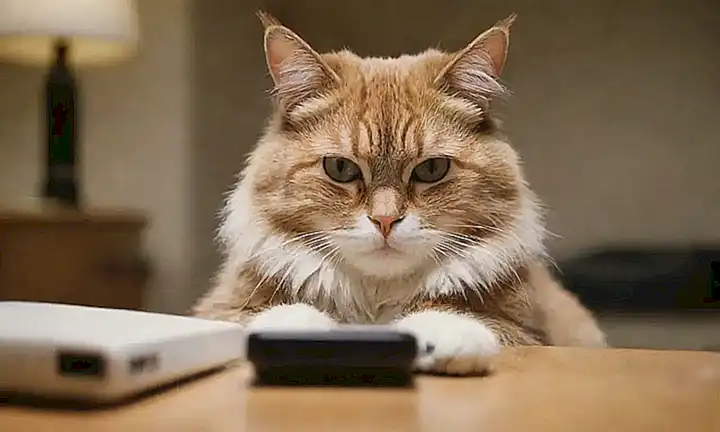 Un gato aburrido con la mirada triste en la pantalla
