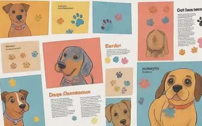 Libro de guía del cuidado del perro con una imagen colorida con huellas de pata
