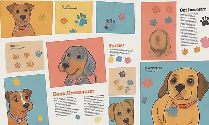 Libro de guía del cuidado del perro con una imagen colorida con huellas de pata