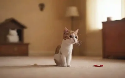 Un gato de dibujos está solo en casa