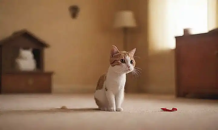 Un gato de dibujos está solo en casa