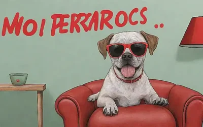 Un perro en el sofá con No Más Perritos y un humano con gafas de sol