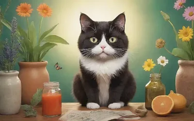 Una ilustración de gato chistoso con ojos llenos de esperanza y remedios naturales cerca