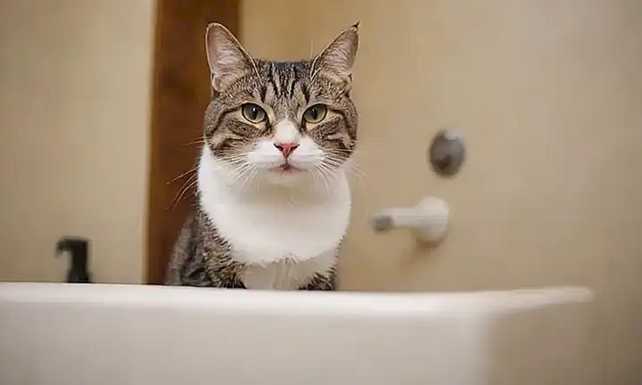 Papel pintado con un gato usando pasta dental en el baño