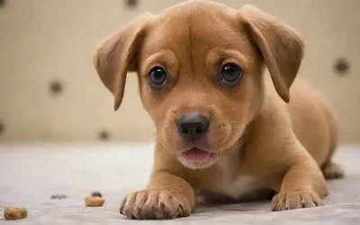 Un cachorro con ojos curiosos sostiene un premio en la boca