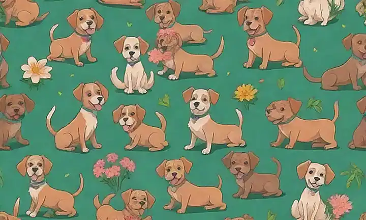 Ilustración de perros jugando con arreglos florales en un verde fondo