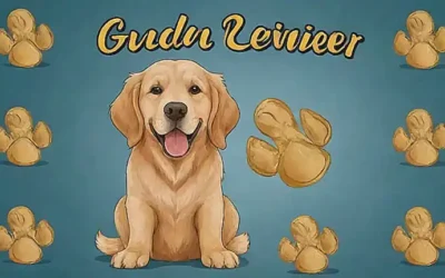 Una imagen de perro de oro en la pared representa un retrato elegante con el texto Golden Retriever: Guía Definitiva para Vivir con el Perro de Oro en una fuente de letras cursivas