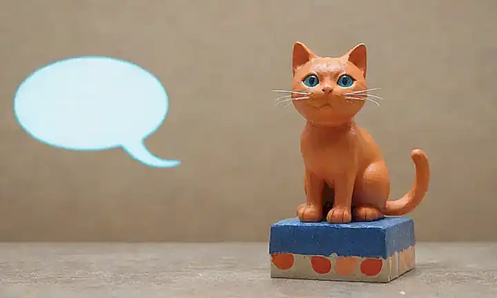 Un gato de juguete con un cuenco en una piedra cementosa con estribillo