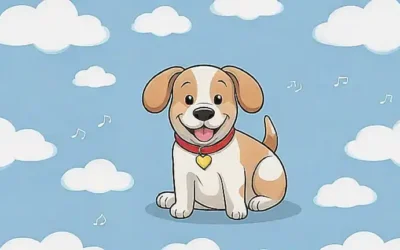 La pared de papel ilustra un perro tranquilo con una sonrisa segura y notas de música relajante rodean al animal