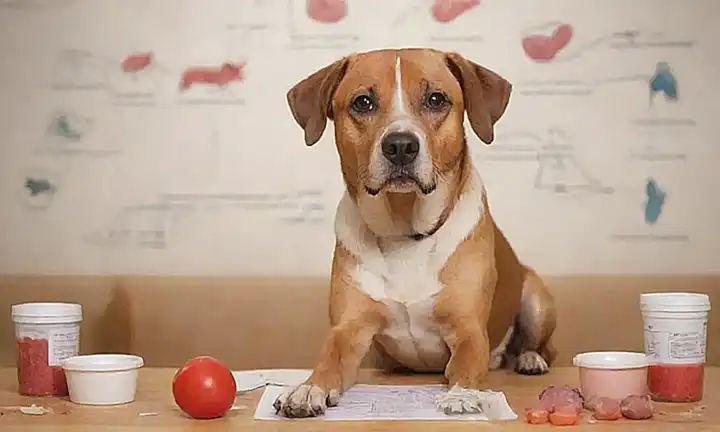 Un perro ansioso rodeado de diagramas de anatomía y recetas para infecciones urinarias