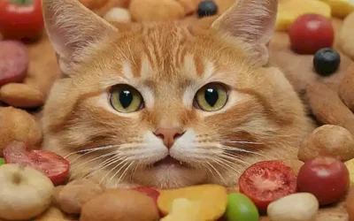 Un diseño con forma de gato con comidas para gatos guiado por texto experto