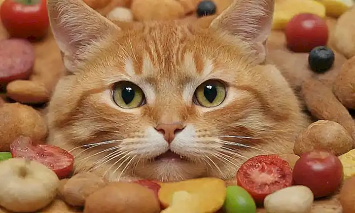 Un diseño con forma de gato con comidas para gatos guiado por texto experto