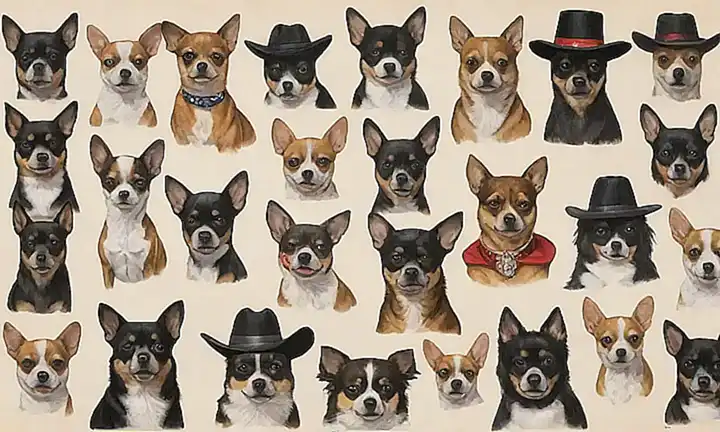 Un póster de perros diverso presenta 10 razas con un chihuahua en una máscara de zorro