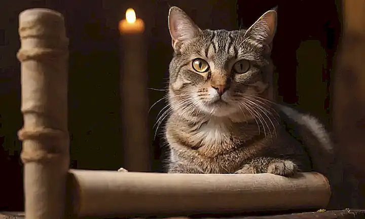 Un gato con ojos que brillan se encuentra en un rollo misterioso rodeado de energía