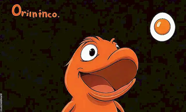 Imagen de ornito-niño con huevo en la boca en fondo negro y título naranja brillante