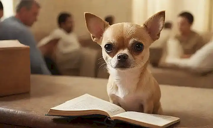 Un chihuahua en una biblioteca representa la interacción social